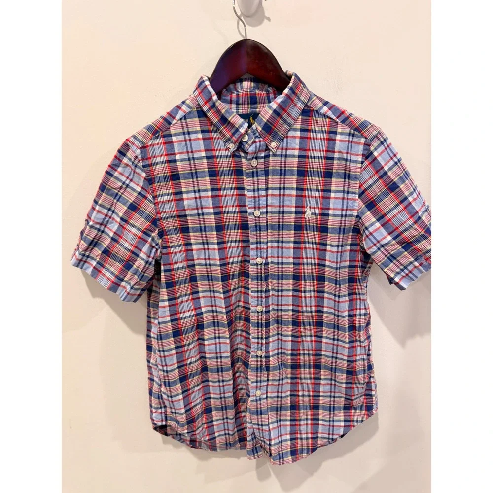Ralph Lauren Boys Blue Red Plaid Short Sleeve Button Down Shirt Size L 14-16‎